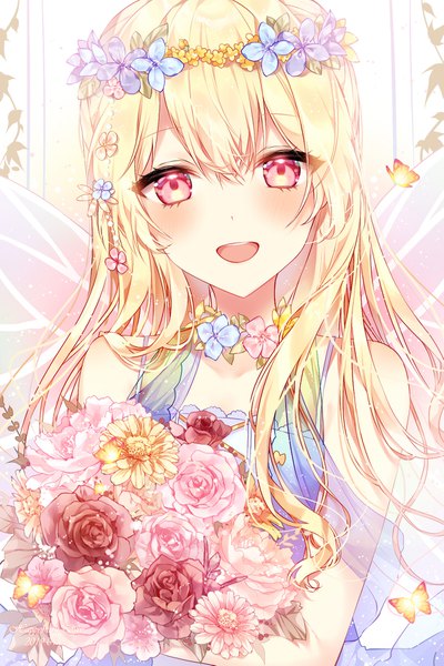 Anime picture 1181x1771 with bang dream! shirasagi chisato taya oco single long hair tall image looking at viewer blush fringe open mouth blonde hair smile hair between eyes bare shoulders holding upper body :d pink eyes hair flower insect wings