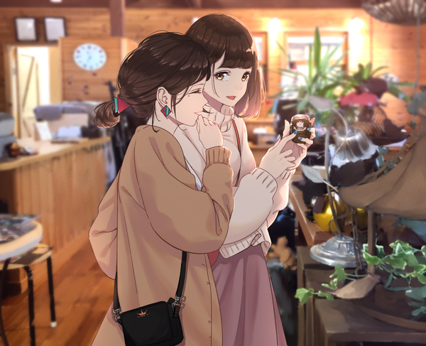 Anime picture 2056x1668 with original saitou (lynx-shrike) looking at viewer fringe highres short hair open mouth smile brown hair standing multiple girls holding brown eyes indoors blunt bangs eyes closed long sleeves nail polish :d blurry