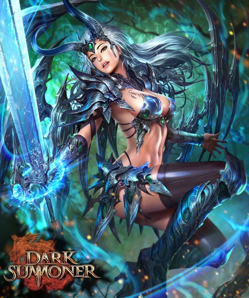 Anime picture 800x960 with dark summoner nudtawut thongmai single long hair tall image looking at viewer breasts light erotic brown eyes silver hair lips realistic inscription tattoo copyright name magic glowing glowing weapon girl navel