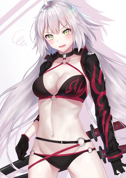 Anime picture 1060x1500 with fate (series) fate/grand order jeanne d'arc (fate) (all) jeanne d'arc alter (fate) jeanne d'arc alter (swimsuit berserker) (fate) reuri (tjux4555) single tall image looking at viewer blush fringe breasts open mouth light erotic simple background hair between eyes large breasts standing white background yellow eyes