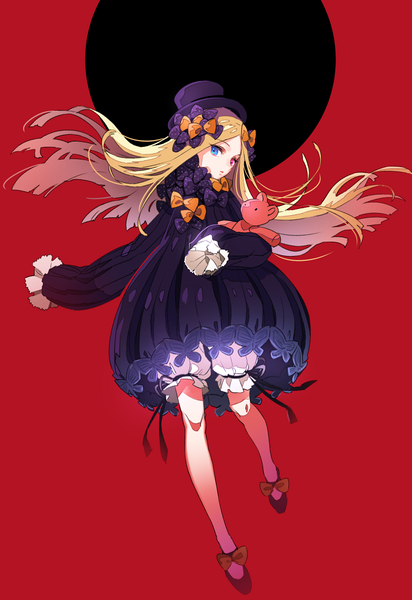 Anime picture 960x1398 with fate (series) fate/grand order abigail williams (fate) tenobe single long hair tall image looking at viewer simple background blonde hair full body long sleeves heterochromia red background girl bow hair bow toy stuffed animal stuffed toy