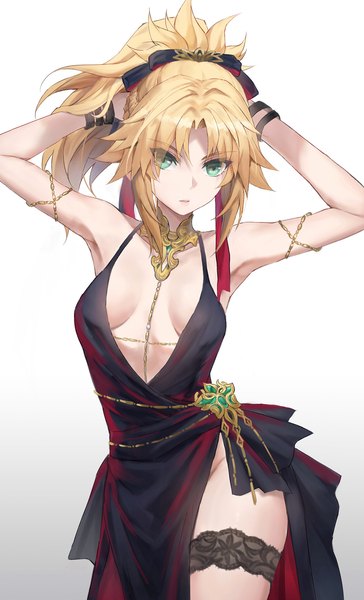 Anime picture 1084x1786 with fate (series) fate/apocrypha mordred (fate) tonee single long hair tall image breasts light erotic simple background blonde hair standing white background green eyes cleavage ponytail side slit arms behind head girl thighhighs