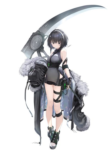 Anime picture 3172x4430 with arknights la pluma (arknights) shiwa (siwaa0419) single tall image highres short hair black hair simple background standing white background absurdres ahoge grey eyes fur trim girl weapon jacket shorts fur