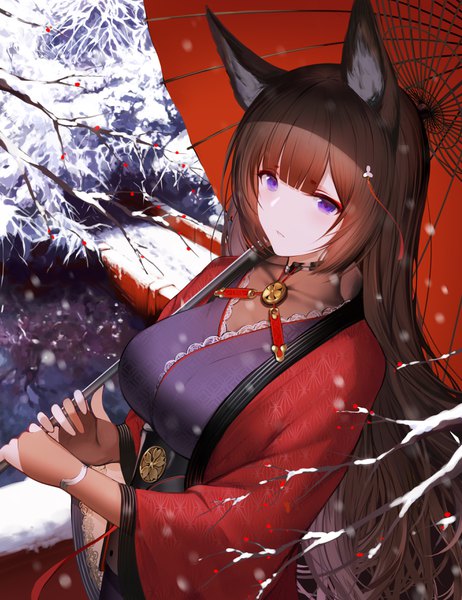 Anime picture 2700x3508 with azur lane amagi (azur lane) an yasuri single long hair tall image looking at viewer fringe highres breasts brown hair large breasts purple eyes holding animal ears upper body outdoors blunt bangs long sleeves traditional clothes