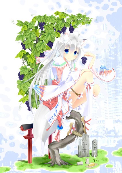 Anime picture 1070x1515 with original aki akatsuki single long hair tall image blue eyes white hair traditional clothes fox ears fox tail girl socks white socks fruit