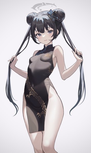 Anime picture 2881x4849 with blue archive kisaki (blue archive) soybean (hisoybean) single long hair tall image looking at viewer fringe highres light erotic black hair simple background hair between eyes standing twintails traditional clothes light smile black eyes bare legs hair bun (hair buns)