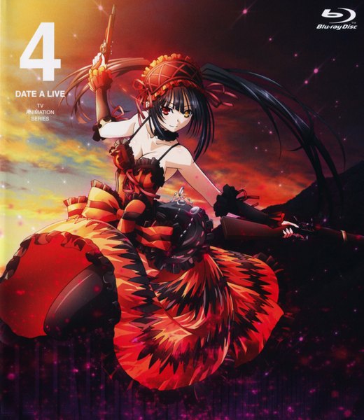Anime picture 3019x3477 with date a live tokisaki kurumi tagme (artist) single long hair tall image looking at viewer highres black hair smile red eyes twintails yellow eyes absurdres sky scan inscription official art heterochromia glow