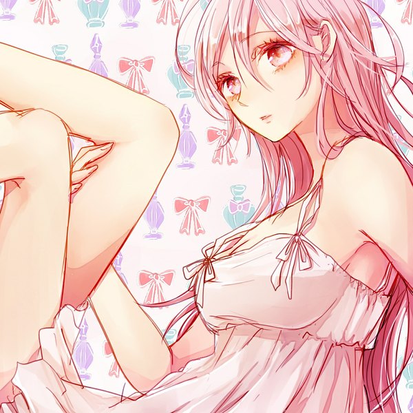 Anime picture 1000x1000 with kuroko no basket production i.g momoi satsuki aimu single long hair looking at viewer open mouth bare shoulders pink hair pink eyes girl dress