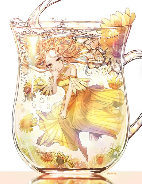 Anime picture 1000x1294 with original roang single long hair tall image looking at viewer simple background blonde hair white background bare shoulders signed yellow eyes full body bent knee (knees) barefoot :o reflection underwater hand on knee minigirl