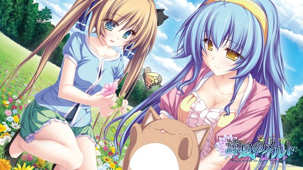 Anime picture 1920x1080 with suzukaze no melt hiiragi tsukino hisagihara ui tenmaso long hair blush highres breasts open mouth blonde hair smile wide image large breasts sitting twintails multiple girls green eyes yellow eyes blue hair sky