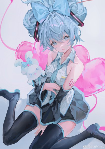 Anime picture 2896x4096 with vocaloid sanrio hatsune miku cinnamiku cinnamoroll deadprince single tall image looking at viewer fringe highres short hair blue eyes hair between eyes sitting signed blue hair eyes closed from above twitter username