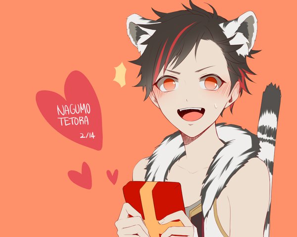 Anime picture 1000x800 with ensemble stars! nagumo tetora asd13 single looking at viewer blush short hair open mouth black hair simple background red eyes animal ears tail animal tail multicolored hair two-tone hair streaked hair character names dated sweatdrop