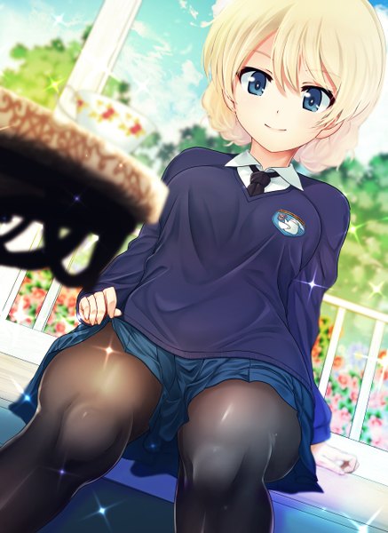 Anime picture 972x1334 with girls und panzer darjeeling (girls und panzer) excel (shena) single tall image looking at viewer fringe short hair breasts blue eyes blonde hair smile hair between eyes sitting holding outdoors braid (braids) pleated skirt arm support sparkle