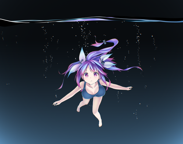 Anime picture 1900x1500 with kantai collection i-19 submarine ninnzinn single long hair looking at viewer highres breasts light erotic twintails blue hair purple hair ponytail pink eyes multicolored hair barefoot two-tone hair :t diving girl