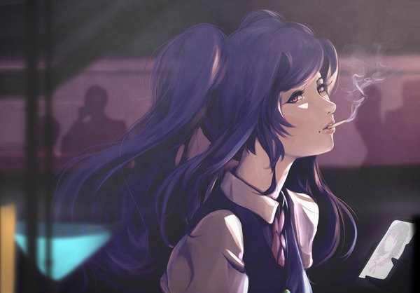 Anime picture 2048x1428 with va-11 hall-a jill stingray elliemaplefox single long hair looking at viewer highres smile holding purple hair upper body indoors parted lips pink eyes mole two side up mouth hold smoke smoking silhouette