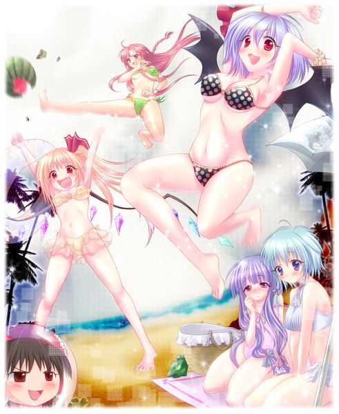 Anime picture 1800x2200 with touhou flandre scarlet remilia scarlet izayoi sakuya patchouli knowledge hong meiling cube (maryquant) tall image blush highres blue eyes light erotic blonde hair red eyes purple eyes purple hair red hair beach crying bat wings