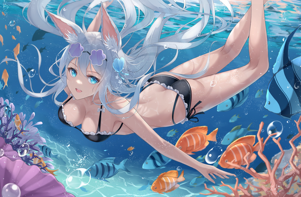 Anime picture 1563x1024 with original fuuro (johnsonwade) single long hair looking at viewer fringe breasts open mouth blue eyes light erotic hair between eyes large breasts animal ears silver hair outdoors ass :d fox ears underwater sunglasses on head