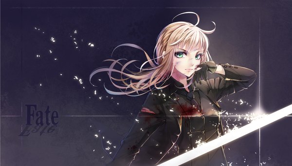 Anime picture 2100x1200 with fate (series) fate/stay night type-moon artoria pendragon (all) saber wait (artist) single long hair looking at viewer highres blonde hair wide image green eyes dark background girl gloves weapon sword black gloves blood