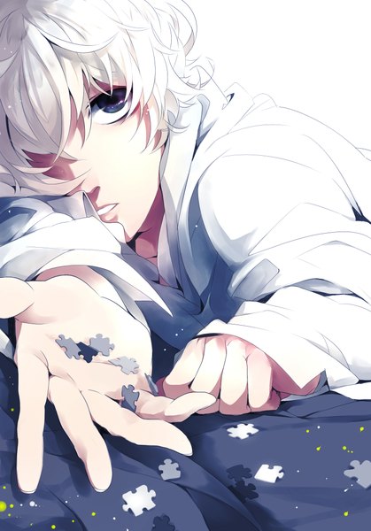 Anime picture 1574x2251 with death note madhouse near tayuya1130 single tall image fringe short hair blue eyes white hair lying black eyes hair over one eye boy shirt hands puzzle