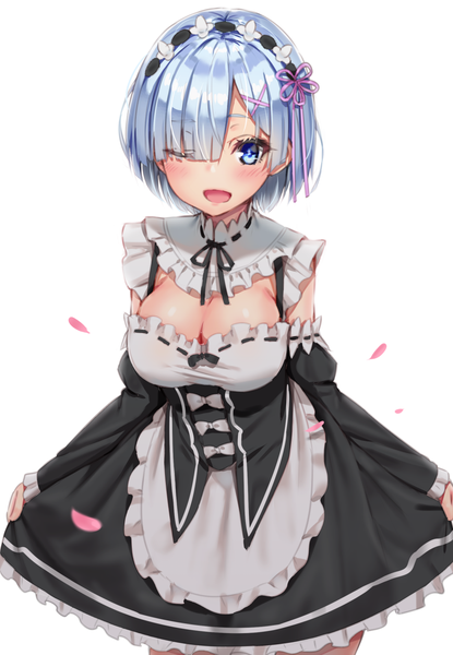 Anime picture 1038x1500 with re:zero kara hajimeru isekai seikatsu white fox rem (re:zero) reinama single tall image looking at viewer blush fringe short hair breasts open mouth blue eyes light erotic simple background large breasts white background blue hair one eye closed wink