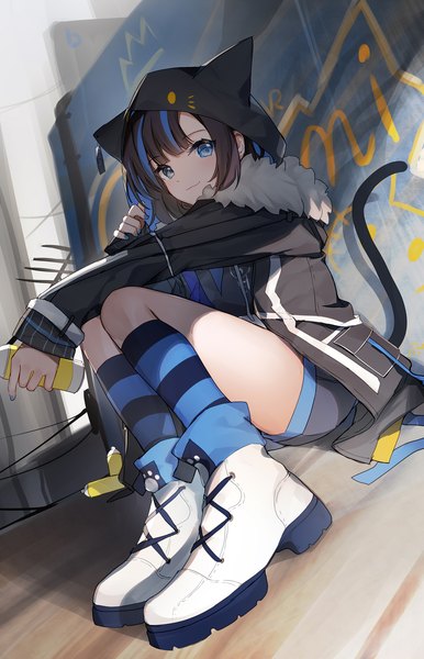 Anime picture 1200x1866 with virtual youtuber nijisanji virtuareal girimi (virtuareal) bison cangshu single tall image looking at viewer short hair blue eyes black hair sitting full body outdoors tail animal tail multicolored hair cat tail streaked hair animal hood