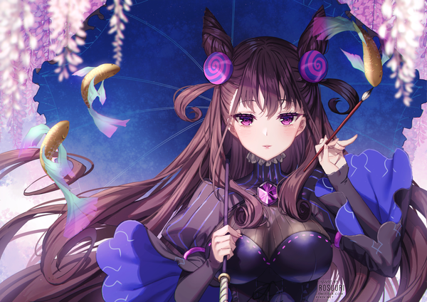 Anime picture 1343x950 with fate (series) fate/grand order murasaki shikibu (fate) rosuuri single long hair looking at viewer blush fringe breasts hair between eyes brown hair large breasts purple eyes holding signed upper body parted lips fingernails blurry