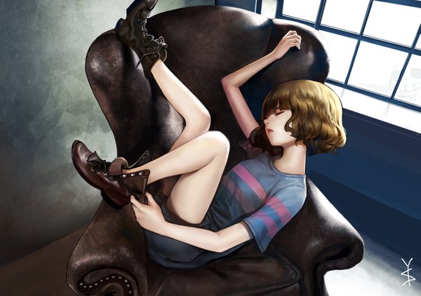 Anime picture 2953x2079 with undertale frisk (undertale) gd choco single highres short hair brown hair signed full body bent knee (knees) indoors eyes closed head tilt profile from above lips on back wavy hair striped reclining