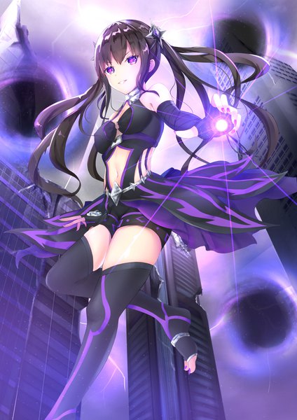 Anime picture 3035x4299 with original sachi (160332) single long hair tall image looking at viewer fringe highres breasts black hair smile purple eyes twintails bare shoulders absurdres full body bent knee (knees) outdoors long sleeves nail polish