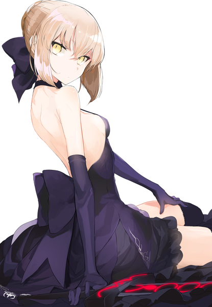 Anime picture 848x1225 with fate (series) fate/grand order fate/stay night artoria pendragon (all) saber saber alter miruto netsuki single tall image looking at viewer fringe short hair breasts light erotic simple background blonde hair hair between eyes white background sitting bare shoulders