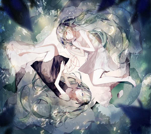 Anime picture 1000x887 with vocaloid hatsune miku mamenomoto twintails bare shoulders multiple girls green eyes lying eyes closed very long hair barefoot green hair from above dual persona girl dress 2 girls white dress black dress