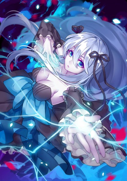 Anime picture 636x900 with original sougishi ego single long hair tall image looking at viewer blue eyes light erotic standing purple hair long sleeves from above outstretched arm lightning girl dress ribbon (ribbons) hair ribbon detached sleeves black dress