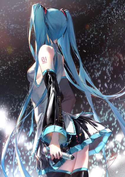 Anime picture 1346x1906 with vocaloid hatsune miku hoojiro single tall image breasts light erotic standing twintails holding very long hair aqua hair tattoo zettai ryouiki sideboob shiny clothes concert girl skirt detached sleeves