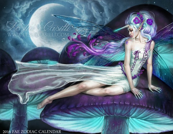 Anime picture 1100x850 with calendar project (enchantress-lele) virgo (calendar project) enchantress-lele single long hair silver hair purple hair profile multicolored hair barefoot hair flower horn (horns) pointy ears bare legs tattoo gradient hair fantasy insect wings butterfly wings fairy