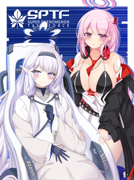Anime picture 1262x1691 with blue archive himari (blue archive) eimi (blue archive) nao (naobinarydigit) long hair tall image looking at viewer blush short hair breasts light erotic smile standing sitting multiple girls pink hair silver hair pink eyes pointy ears off shoulder
