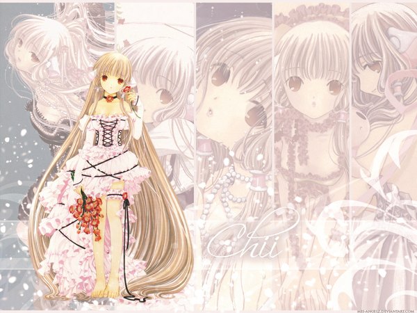Anime picture 1024x768 with chobits clamp chii single blonde hair red eyes standing bare shoulders signed full body very long hair barefoot wallpaper lacing third-party edit girl dress flower (flowers) choker white dress