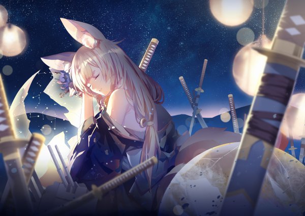 Anime picture 2500x1767 with azur lane niizuki (azur lane) lingcat single long hair highres open mouth blonde hair animal ears tail eyes closed long sleeves traditional clothes parted lips japanese clothes animal tail hair flower off shoulder night night sky