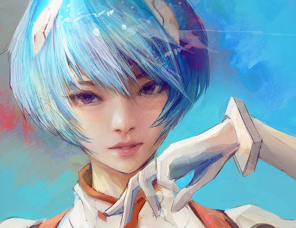 Anime picture 1300x1005 with neon genesis evangelion gainax ayanami rei wataboku single looking at viewer fringe short hair simple background hair between eyes blue hair lips black eyes realistic blue background face girl