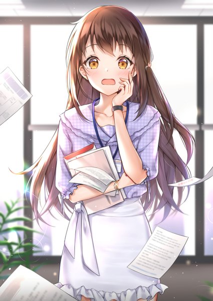 Anime picture 1200x1694 with original cuna (qunya) single long hair tall image looking at viewer blush fringe open mouth brown hair standing holding brown eyes payot indoors sparkle depth of field one side up lens flare frilly skirt