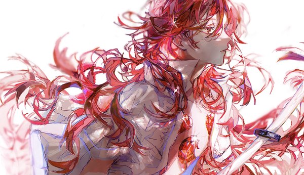 Anime picture 4392x2532 with houseki no kuni padparadscha (houseki no kuni) orokudesu single long hair fringe highres simple background hair between eyes red eyes wide image white background looking away absurdres upper body red hair sparkle androgynous