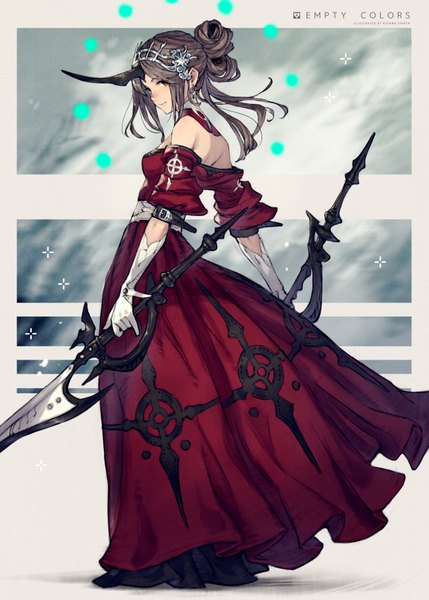 Anime picture 2591x3624 with original kusano shinta single tall image looking at viewer highres short hair simple background standing bare shoulders holding signed yellow eyes payot full body horn (horns) grey hair off shoulder short sleeves hair bun (hair buns)