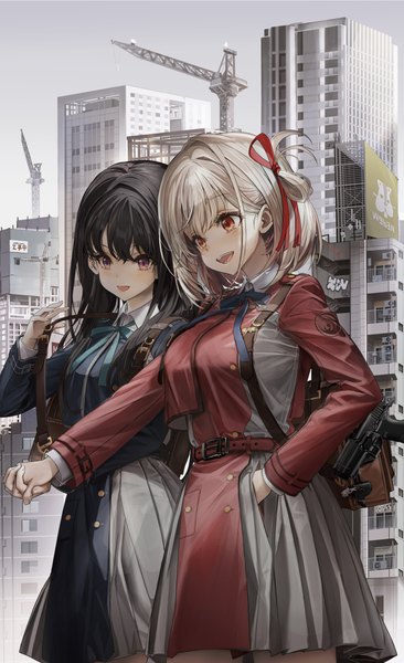 Anime picture 3010x4932 with lycoris recoil nishikigi chisato inoue takina veerinly long hair tall image highres short hair open mouth black hair blonde hair red eyes multiple girls looking away absurdres outdoors :d holding hands hand in pocket interlocked fingers