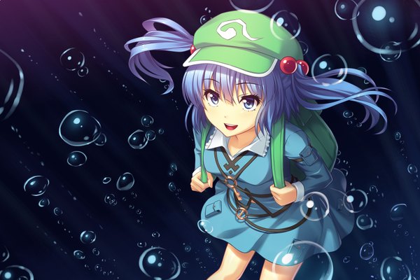 Anime picture 1680x1120 with touhou kawashiro nitori athrun1120 single long hair looking at viewer open mouth blue eyes twintails blue hair girl dress skirt bow hair bow bubble (bubbles) skirt set backpack flat cap key