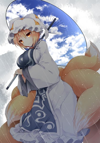 Anime picture 700x1000 with touhou yakumo ran midori (misuriru8) single tall image looking at viewer blush short hair blonde hair smile sky cloud (clouds) tail animal tail orange eyes fox tail rain multiple tails kitsune double exposure