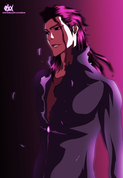 Anime picture 2428x3500 with bleach studio pierrot aizen sousuke darknes953 single long hair tall image highres smile purple eyes purple hair coloring torn clothes boy