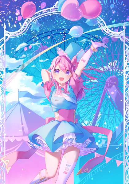 Anime picture 2867x4096 with original kurobikari single long hair tall image looking at viewer fringe highres open mouth hair between eyes purple eyes pink hair sky cloud (clouds) :d arm up girl thighhighs dress bracelet
