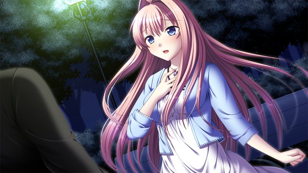 Anime picture 1024x576 with papa love (game) kizaki ayame long hair blush open mouth blue eyes wide image pink hair game cg girl dress plant (plants) tree (trees)
