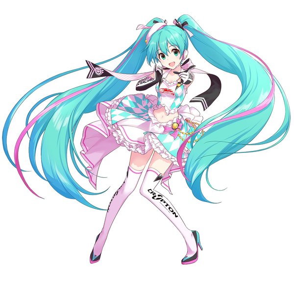 Anime picture 1646x1646 with vocaloid goodsmile racing crypton future media hatsune miku racing miku annindoufu (oicon) single looking at viewer open mouth simple background smile standing white background twintails bare shoulders full body very long hair aqua eyes aqua hair midriff