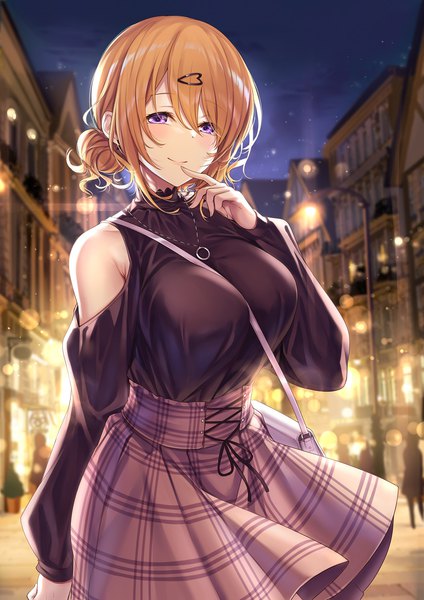 Anime picture 992x1403 with gochuumon wa usagi desu ka? white fox hoto cocoa ks tall image looking at viewer blush fringe short hair breasts smile hair between eyes brown hair large breasts standing purple eyes bare shoulders outdoors long sleeves arm up