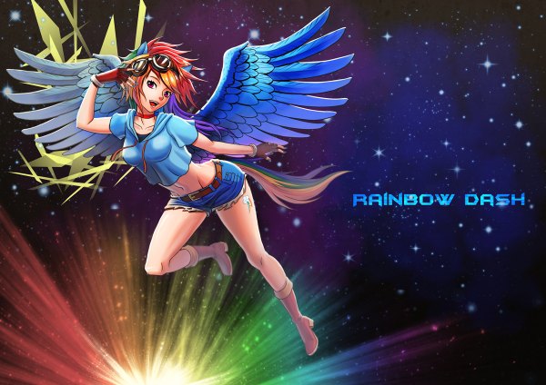 Anime picture 1200x848 with my little pony rainbow dash tako seijin (takos000) single short hair open mouth smile red eyes full body tail nail polish animal tail orange hair inscription bare belly midriff light personification girl gloves
