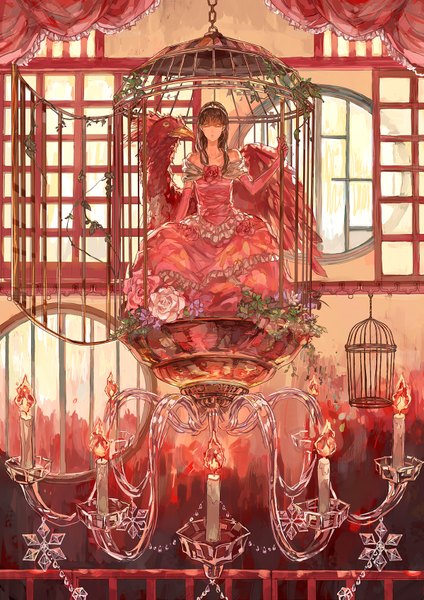 Anime picture 1200x1697 with original tanukiudon-umai (artist) long hair tall image brown hair yellow eyes girl dress gloves flower (flowers) plant (plants) animal elbow gloves bird (birds) candle (candles) cage